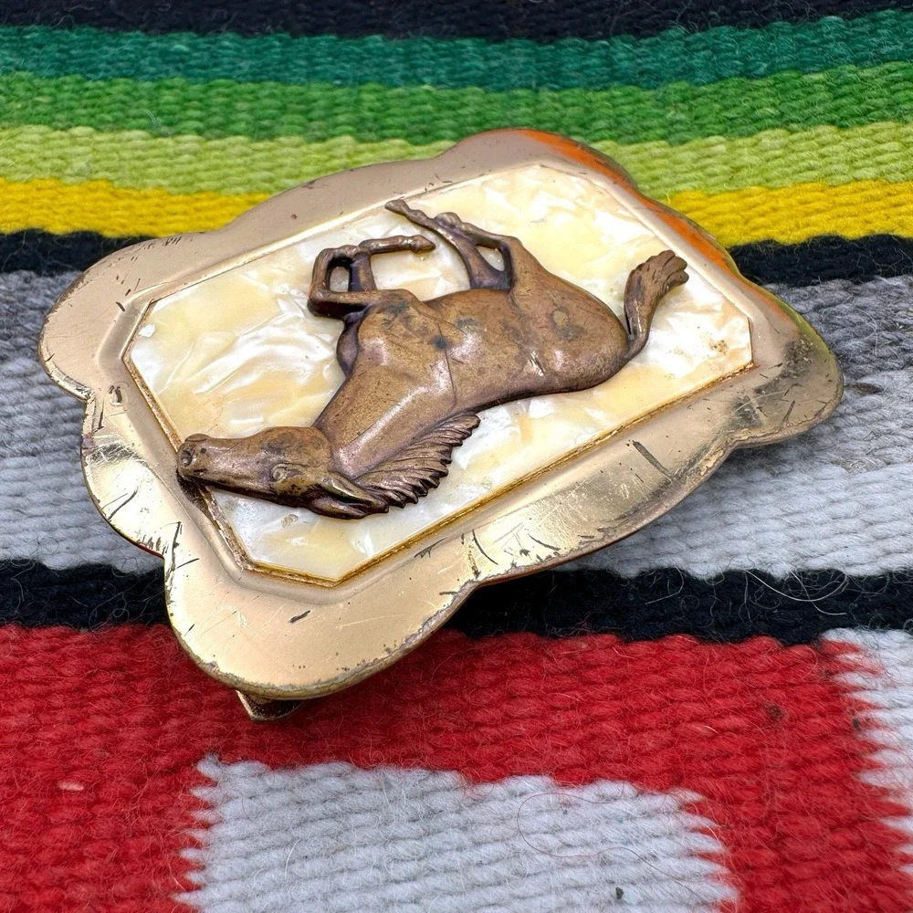 VTG 1940s Wild Horse Brass Belt Buckle Cowboy Pearloid Backing Western